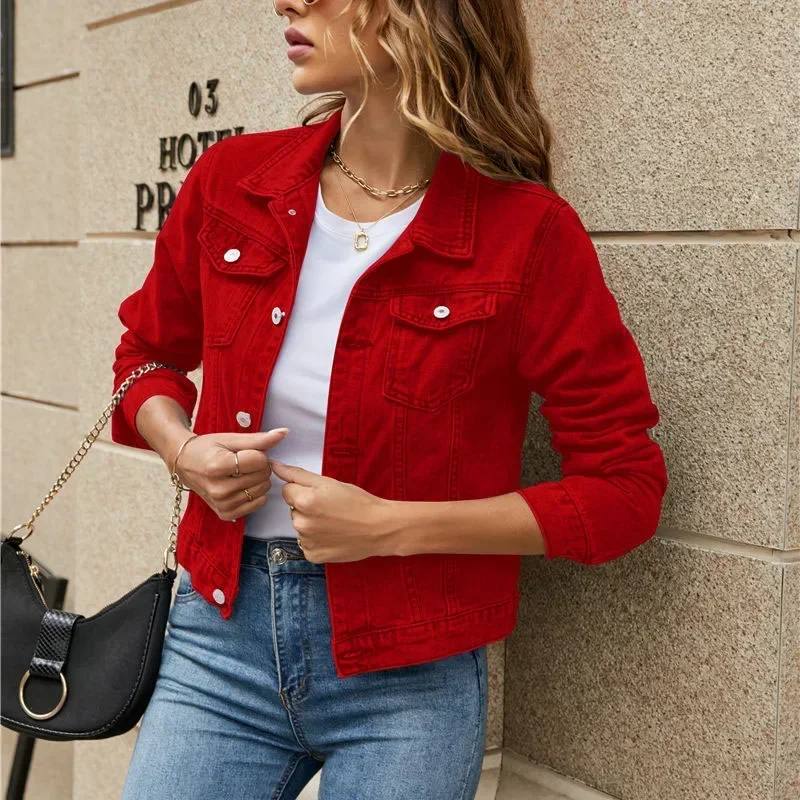 Jaqueta jeans curta com botões para mulher, jaqueta jeans justa, manga comprida, lapela, monocromática, bolso de botões, casual, moda feminina, outono, casaco de inverno, novo, 2022