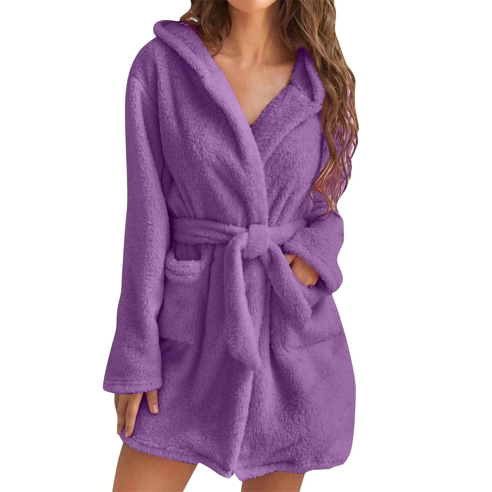 Women\'s Solid Colour Long Sleeve Pocket Hooded Knee Short Robe M Warm Kimono Robes for Women Women Bath Wrap Towel for Shower