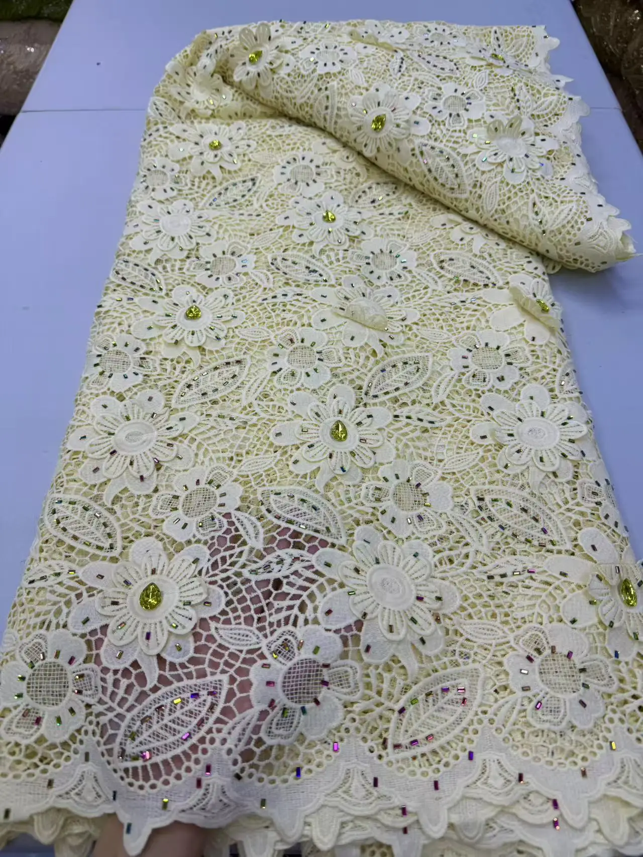 

2026 High Quality african Guipure Sequins Fabrics Luxury 3D Chiffon Cord Lace Fabric African Lace For Wedding Dress Women M373-1