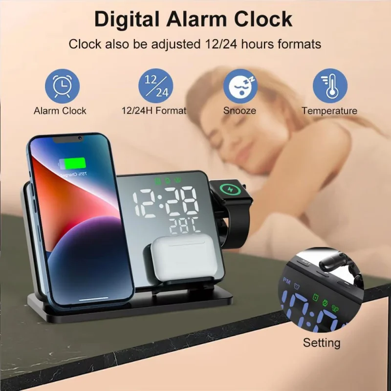 Wireless Charger Stand 4 In 1 Alarm Clock Temperature Fast Charging Dock Station For iPhone 15 14 iWatch Airpods Samsung Galaxy