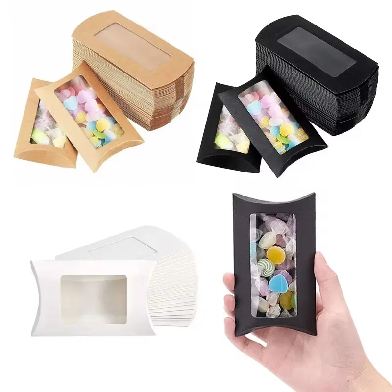 Caja de dulces con forma de almohada, embalaje de galletas de Papel Kraft con ventana, suministros para fiestas de cumpleaños, boda y Navidad, 50 piezas