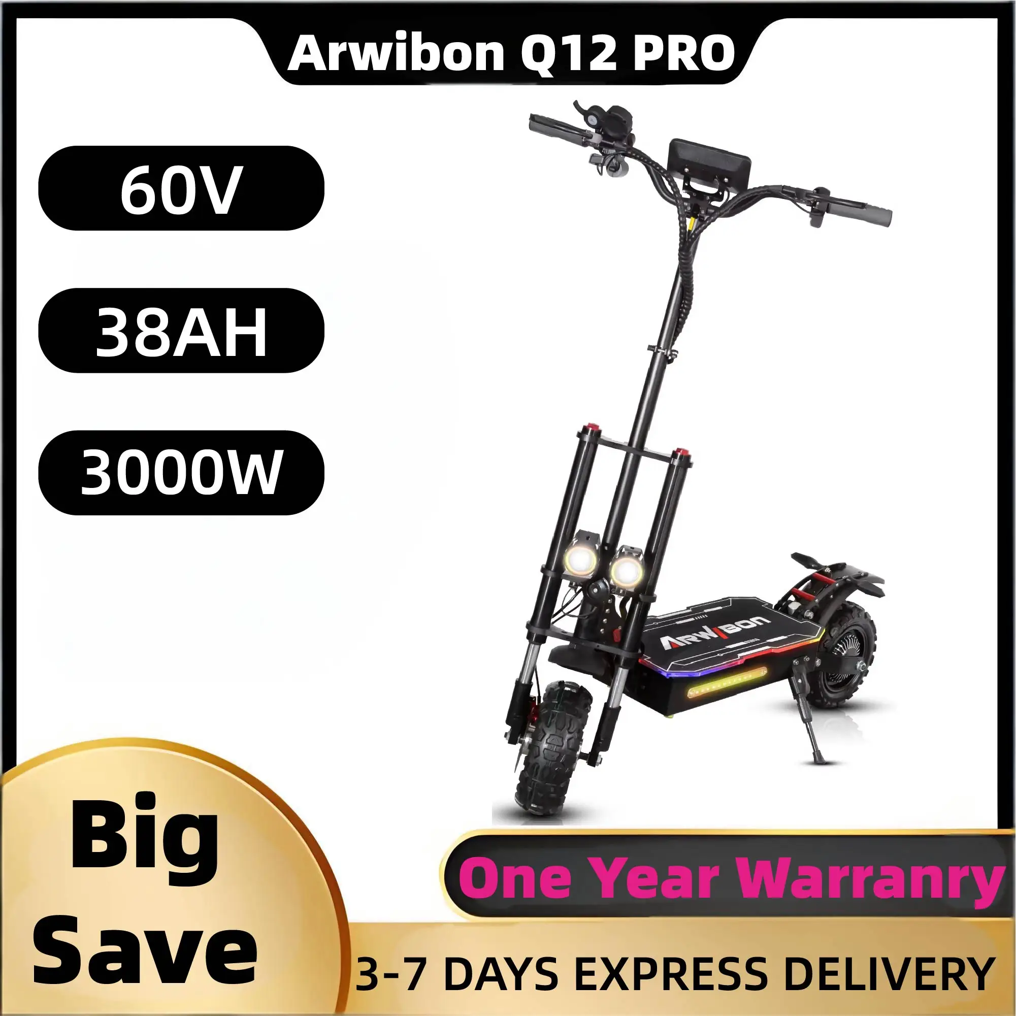 

Arwibon Q12 PRO EU US UK Warehouse Adult Electric Scooter High Speed 80 km/h 11 Inch 3000w Dual Motor 60v 38ah Folding Electric