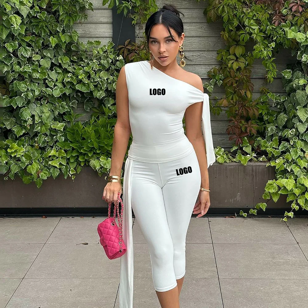 Customized LOGO women's clothing summer new product fashion street shot diagonal neck sleeveless top slim lace-up shorts set