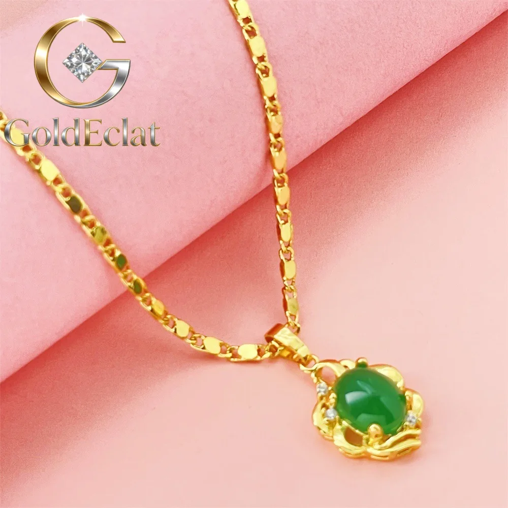 

GoldEclat Luxury 24K 9999 Pure Gold real gold Women's jade pendant necklace