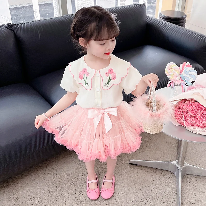 2023 Summer Baby Girls Clothing Sets Children Floral Shirt Bow TUTU Skirt Lace Princess Costumes Kids Clothes Outfits 2-8 Years