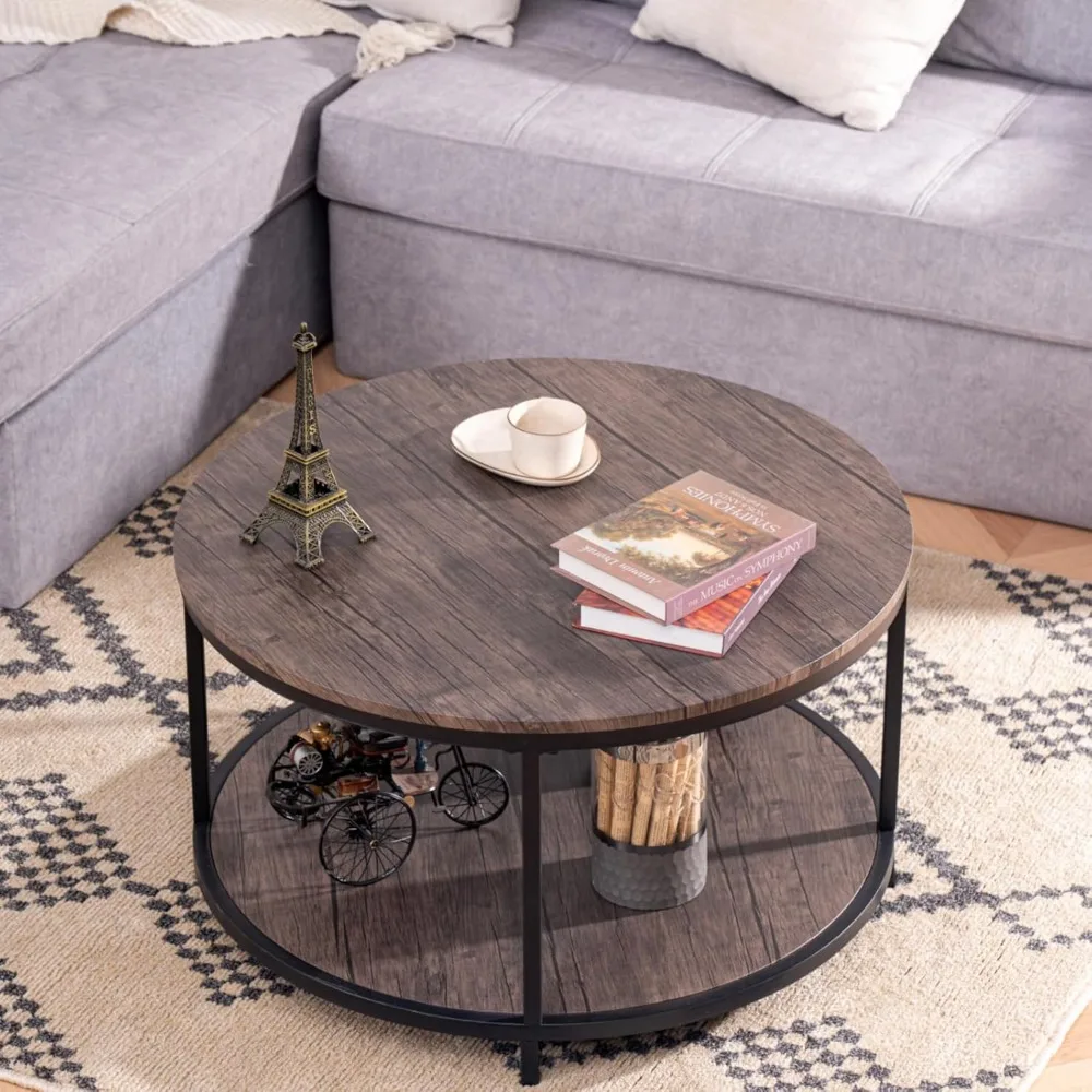 

Rustic 30-Inch Round Coffee Table With Two-Tier Wooden Storage Shelf Modern Living Rooms Brown Home Decor Functional Furniture