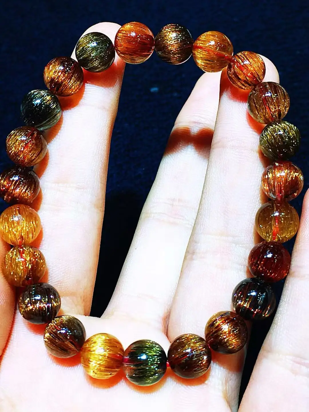 Natural Colorful Copper Rutilated Quartz Bracelet 8.8mm Gold Green Rutilated Cat Eye Clear Round Beads Women Man Bracelet AAAAAA