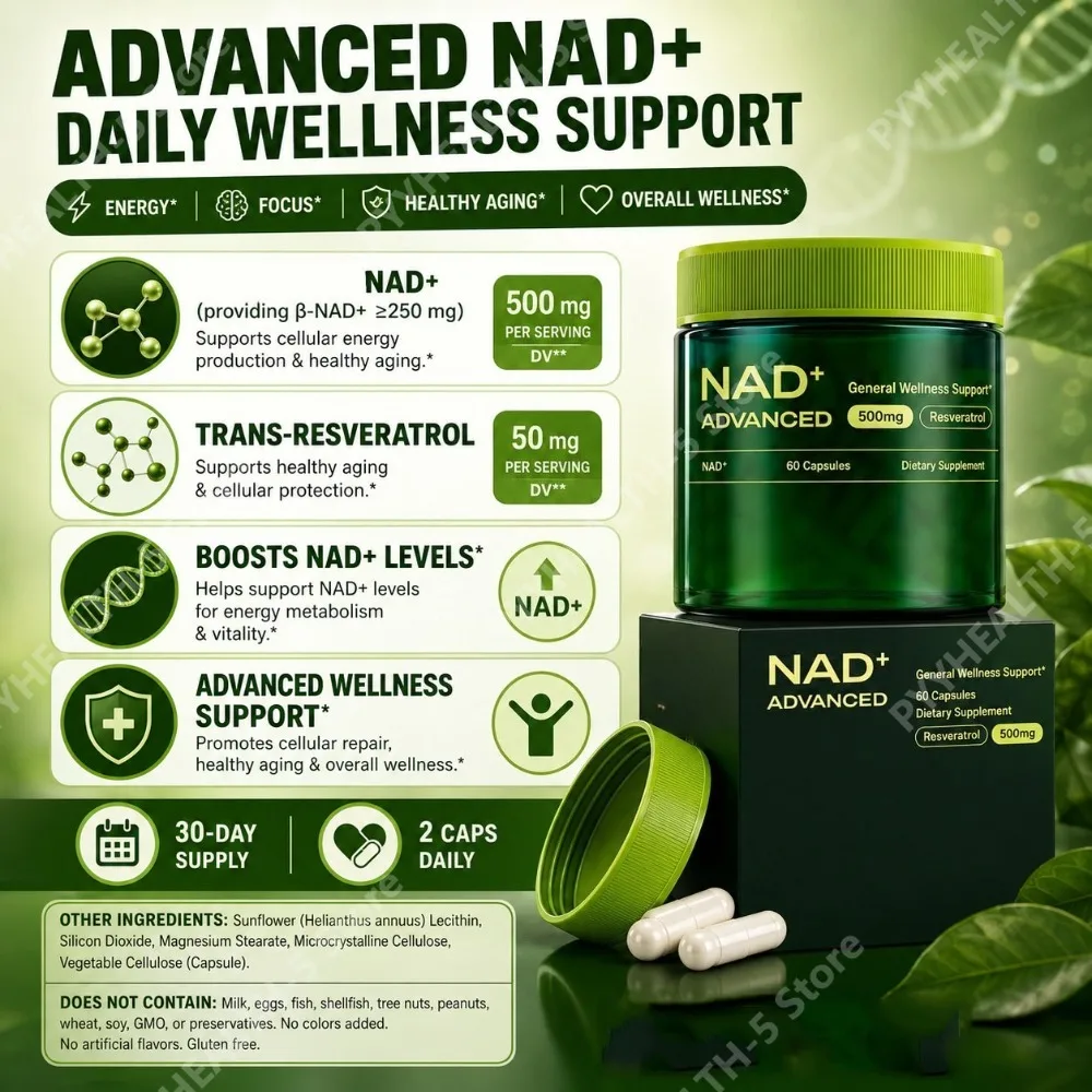 NAD+ Supplement Capsules with Trans Resveratrol 60 Count 30 Servings Vegetarian Daily Wellness Support for Men and Women Adults