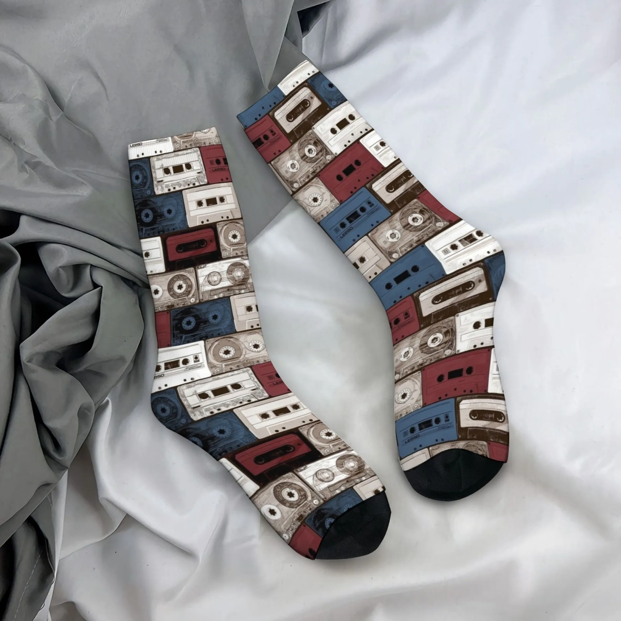

Vintage Cassette Tape Crew Socks, Retro Music Tape Print Socks, Gift for Nostalgic Fans & Music Culture Enthusiasts