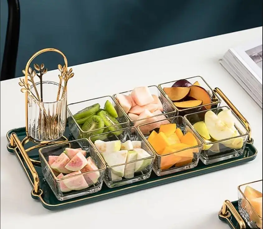 

Ceramic Fruit Bowl Sub-grid Fork Storage Jar Luxurious Northern Europe Home Living Room Glass Snack Desserts Candy Tray