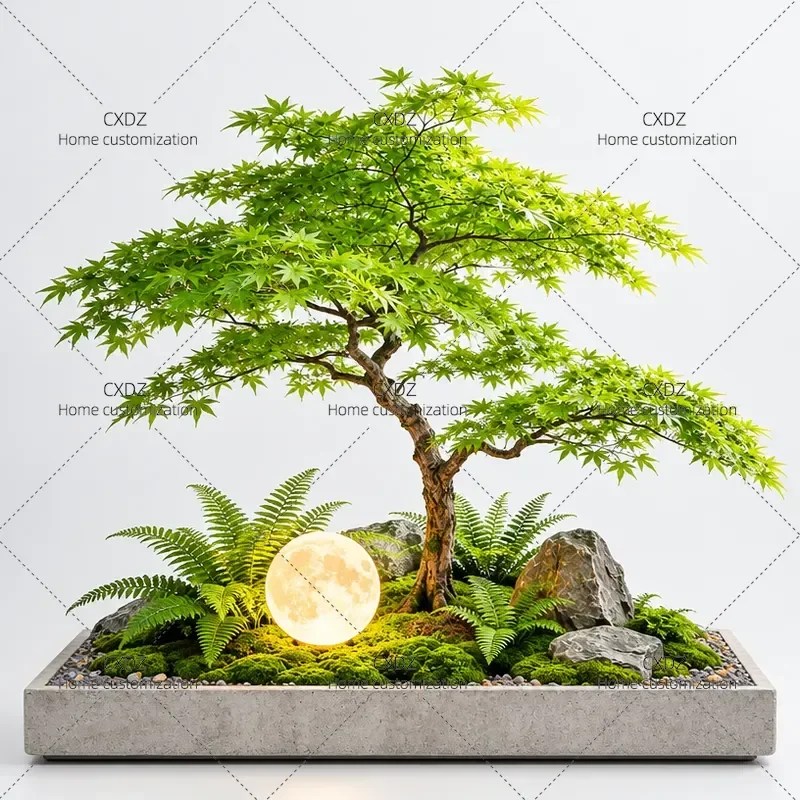 Simulation Green Maple Bonsai Artificial Tree Indoor Tea Room Landscape Decoration Fake Plant Ornament for Home Office Decor