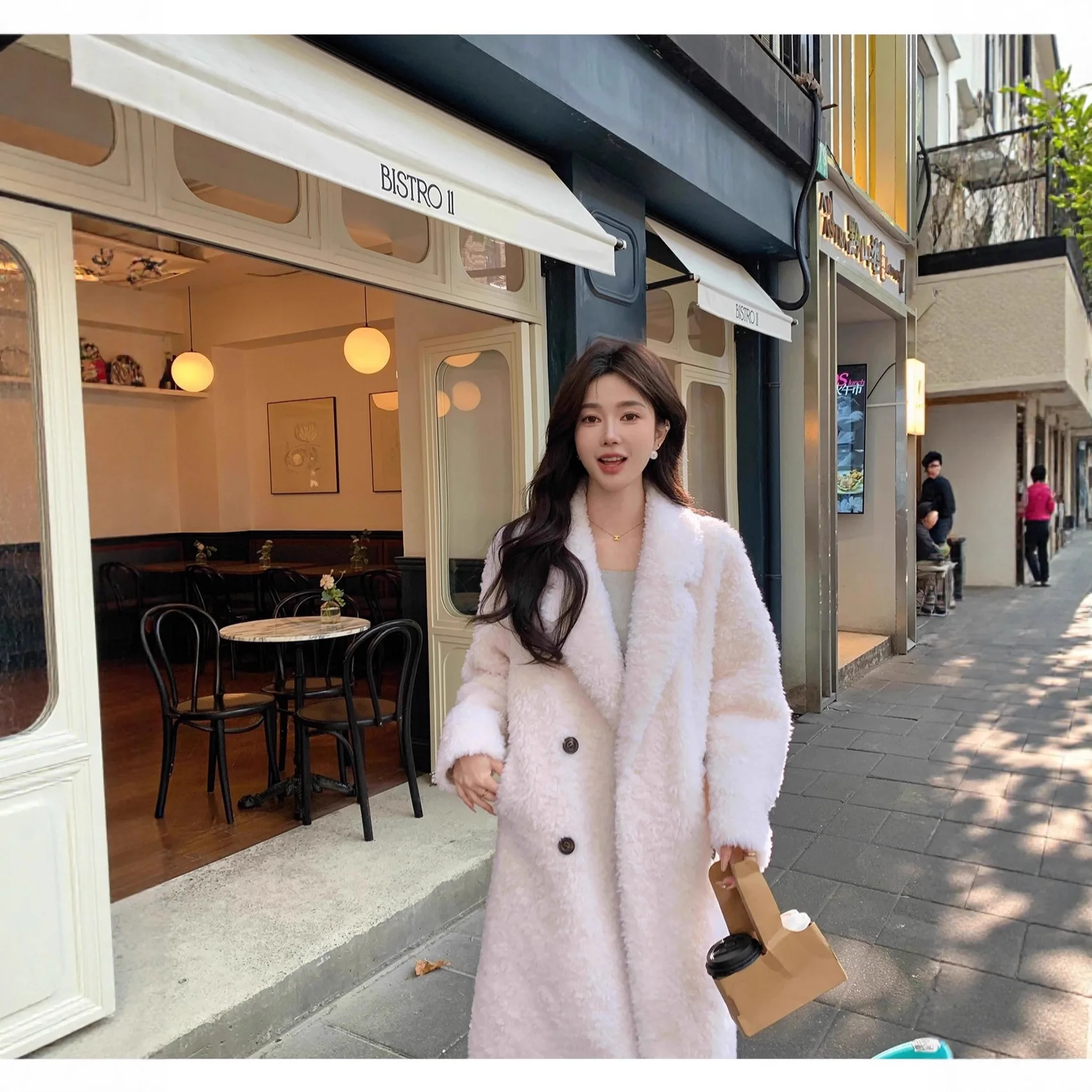 الشتاء النساء مزدوجة الصدر سترة الصوف الحقيقي مستقيم منتصف معطف طويل الإناث عادية الخامس الرقبة سميكة الدافئة معطف فرو الأغنام الطبيعية #4