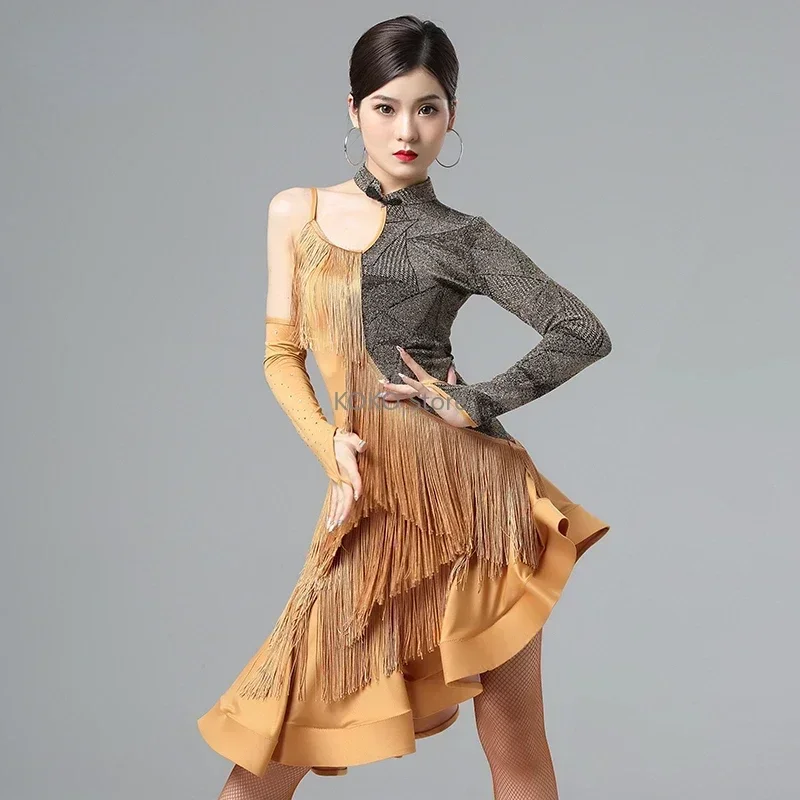 

Новое платье для латинских танцев, женская танцевальная юбка, профессиональная танцевальная одежда для соревнований, женское сексуальное платье с кисточками, костюм для выступлений