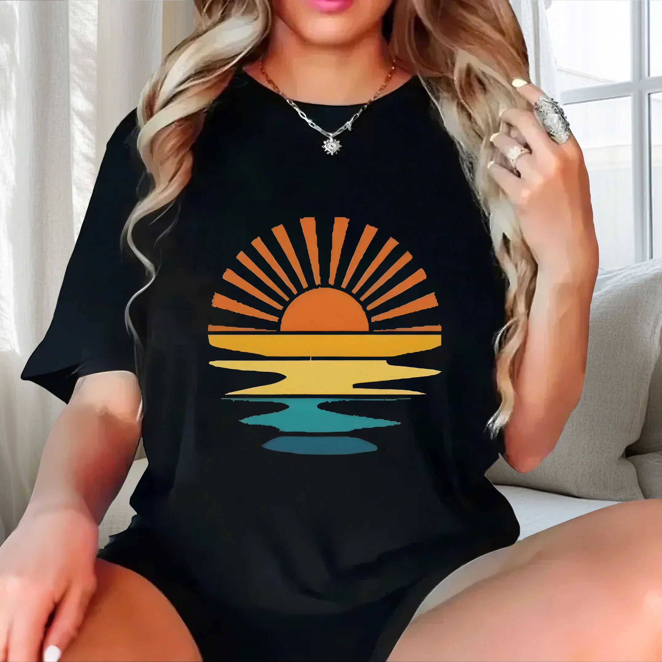 

Cartoon sunset scenery pattern print plus size Ladies' casual short sleeved T-shirt black