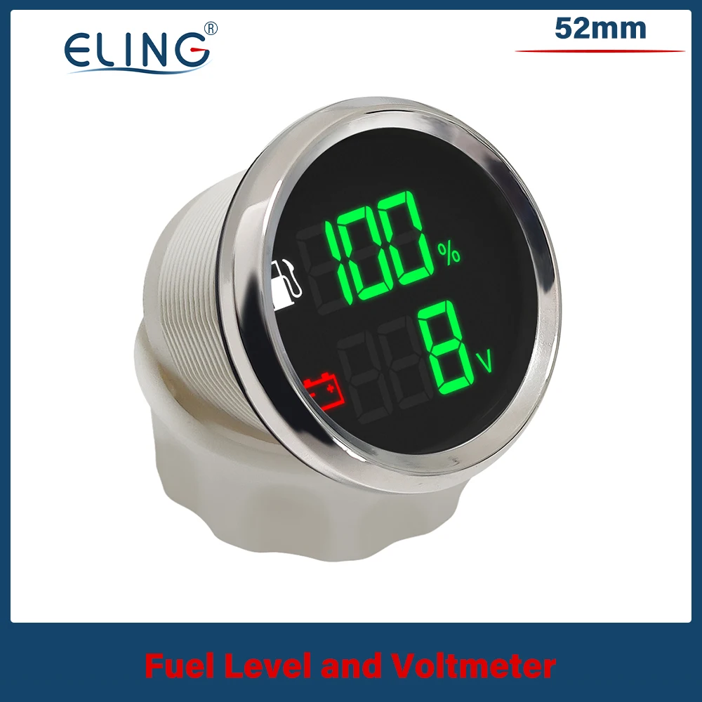 

ELING 52mm 2 in 1 Digital Fuel Level Water Level Water Temp. Holding Tank Level Gauge Voltmeter 9-32V for Car Boat Yacht