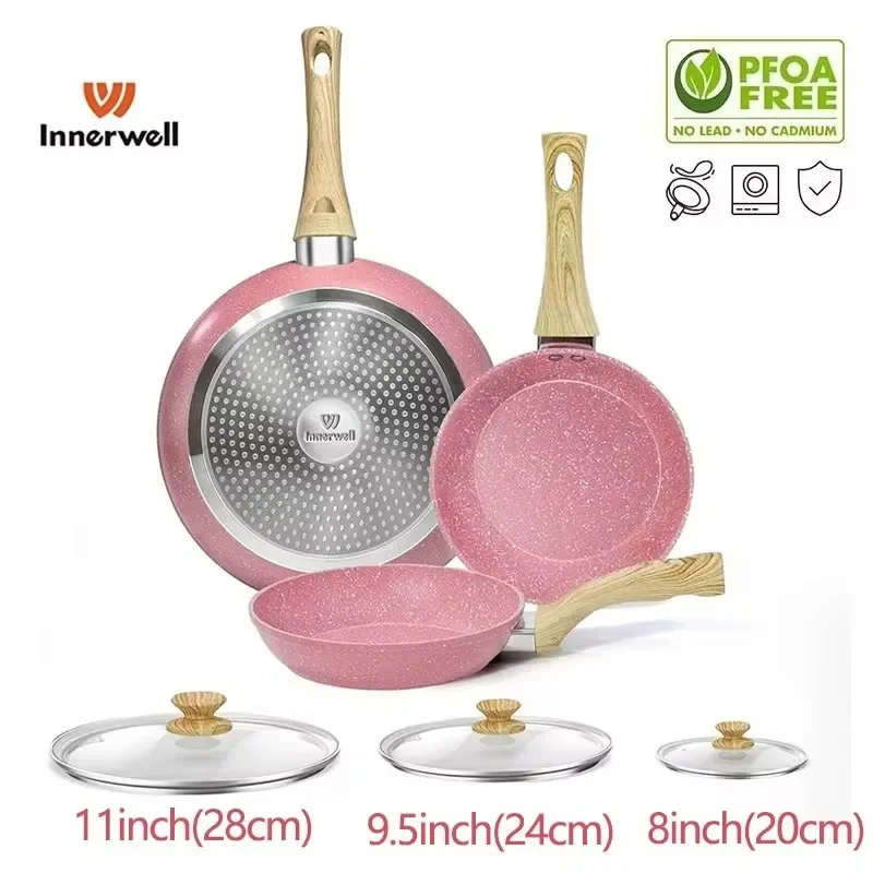 

Innerwell Kitchen 3pcs Frying Pan Sets with Lid 8/9.5/11inch Nonstick Toxin Free Skillets Breakfast Fried Egg Steak Cooking Pots