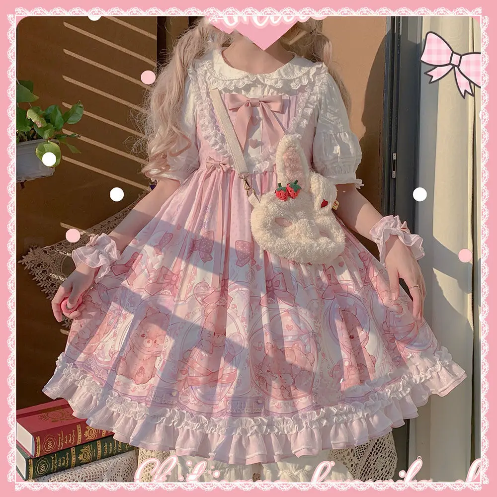 Cute Lolita Dress Women Straped Sweet Soft Kawaii Bow Dream Bear Print Princess Vestido Girls Medieval Aristocracy ロリータ