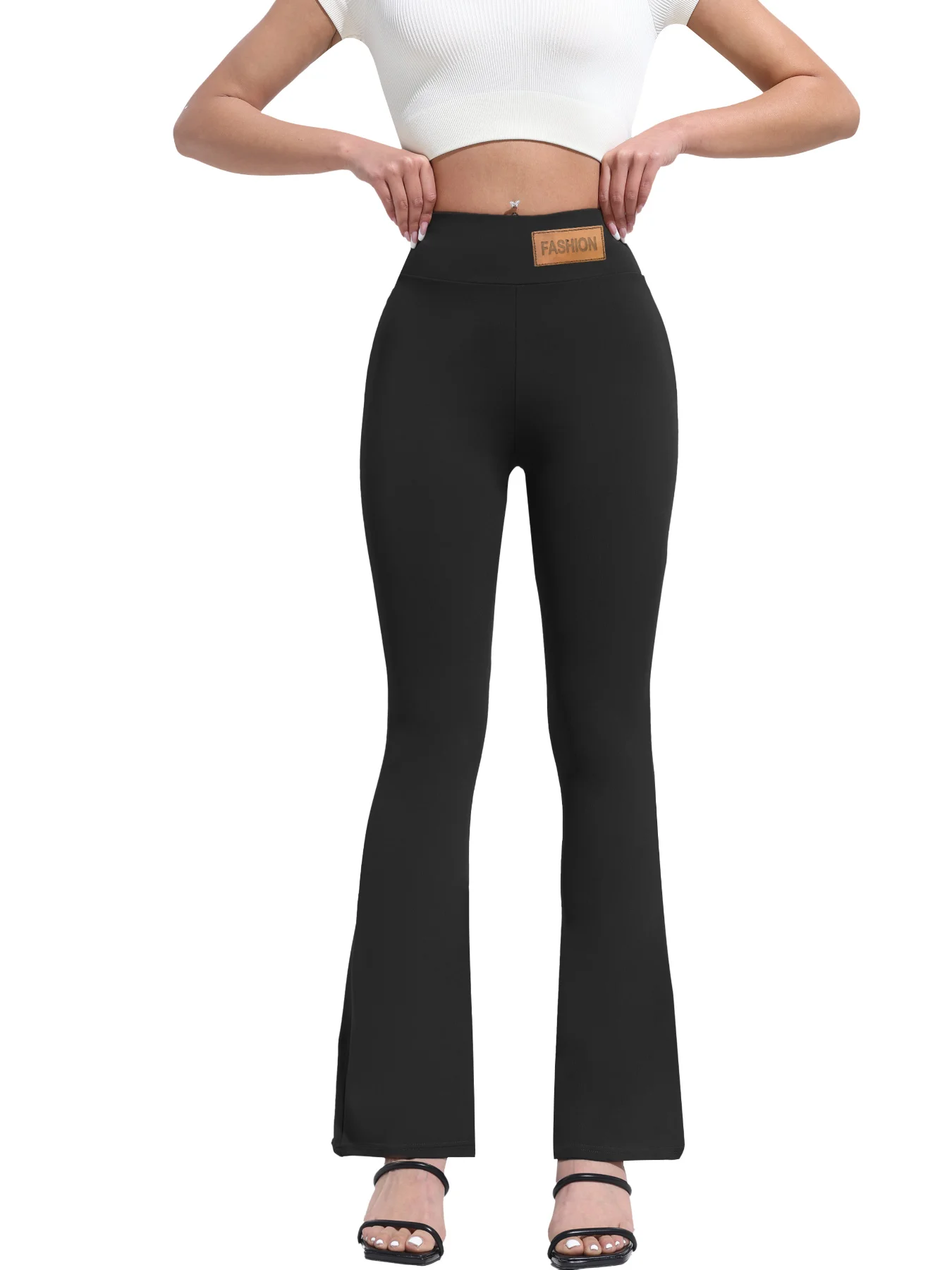 

A Black Women's Leggings, Flared Pants, High Waisted Elastic Design, Tightens The Abdomen, Suitable For Sports