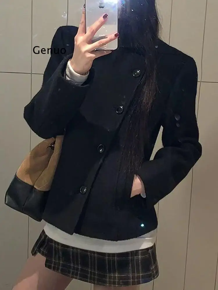 Women's Vintage Y2K Japanese Sle Fall Winter Black Cropped Woolen Coat Stand Collar Thickened Jacket Elegant ropa mujer