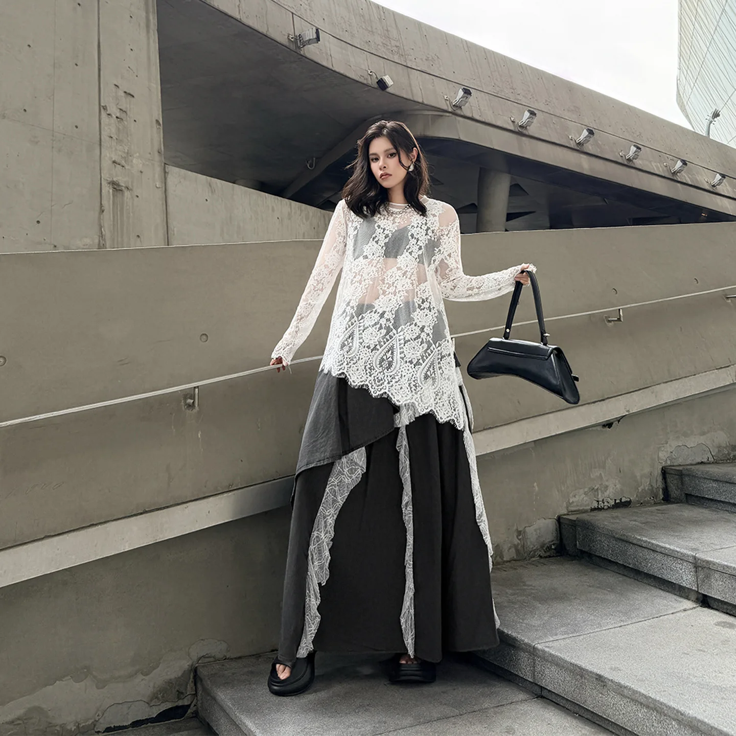 

Long Sleeve T-shirt + Color-blocked Lace Midi Skirt Two Piece Set Women Summer New Style Dress Set XY143