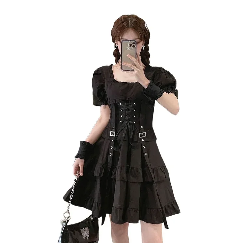 2024 novo estilo japonês escuro lolita cinta meio aberto pescoço cinta cintura magro manga curta em camadas vestido elegante para mulher