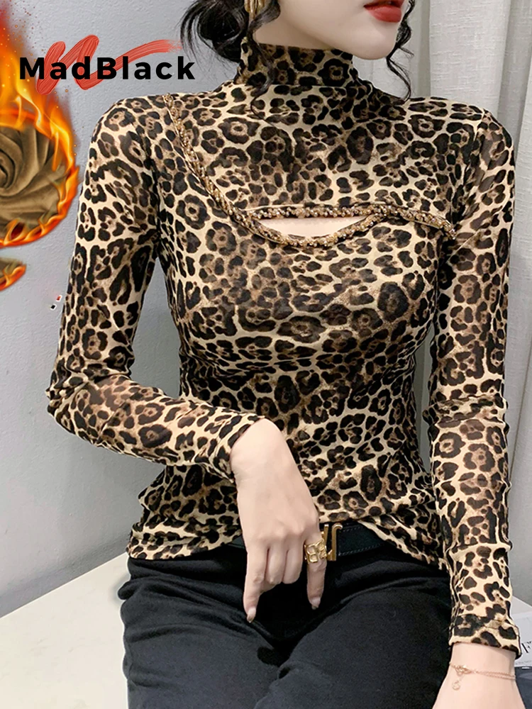 

MadBlack-Women European Fleece T-Shirt, Sexy Turtleneck Leopard Beading, Fashion Long Sleeve Slim S-3XL Tee, 2025 Fall T5O076CC