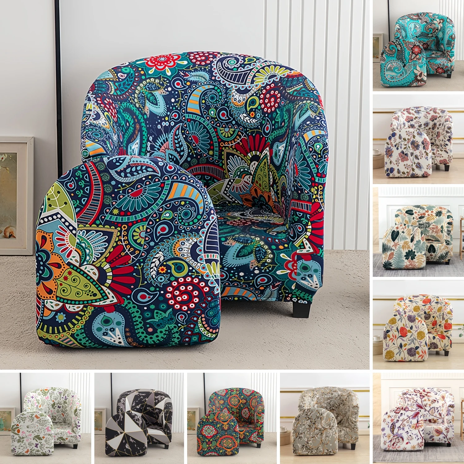 Stretch Club Chair Slipcover 2 Piece Printed Tub Chair Slipcover Stretch Round Barrel Chair Slipcovers Furniture Protector