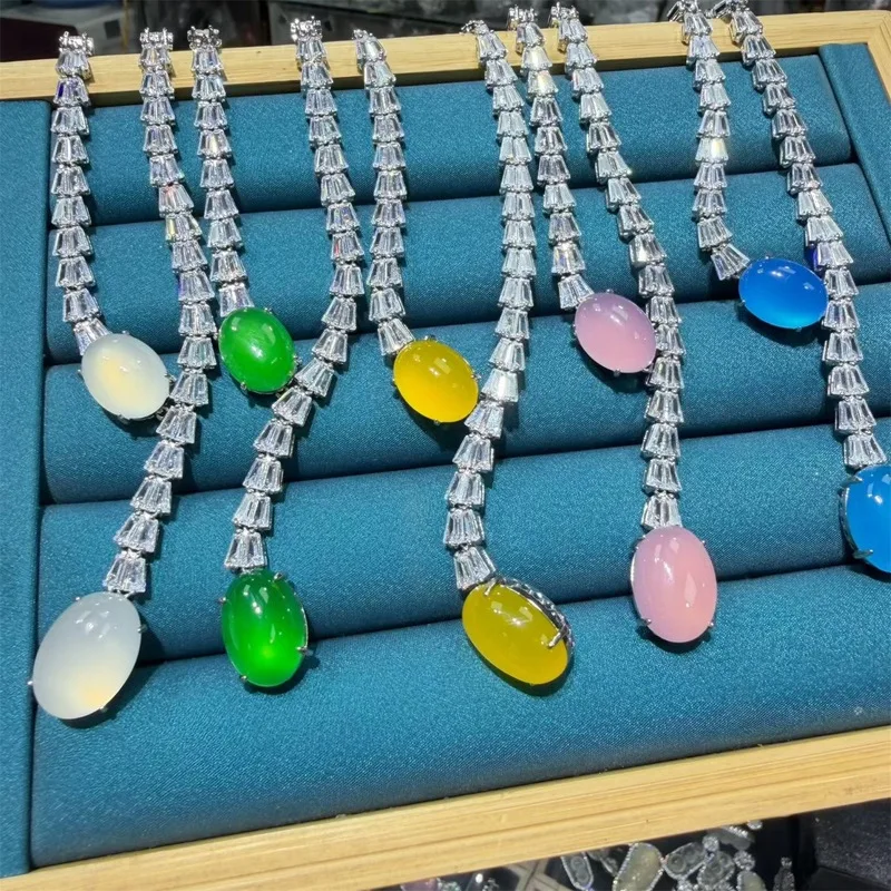 Natural Chalcedony Pendant Bracelet, Jade Agate Silver-Plated Inlaid Necklace 4