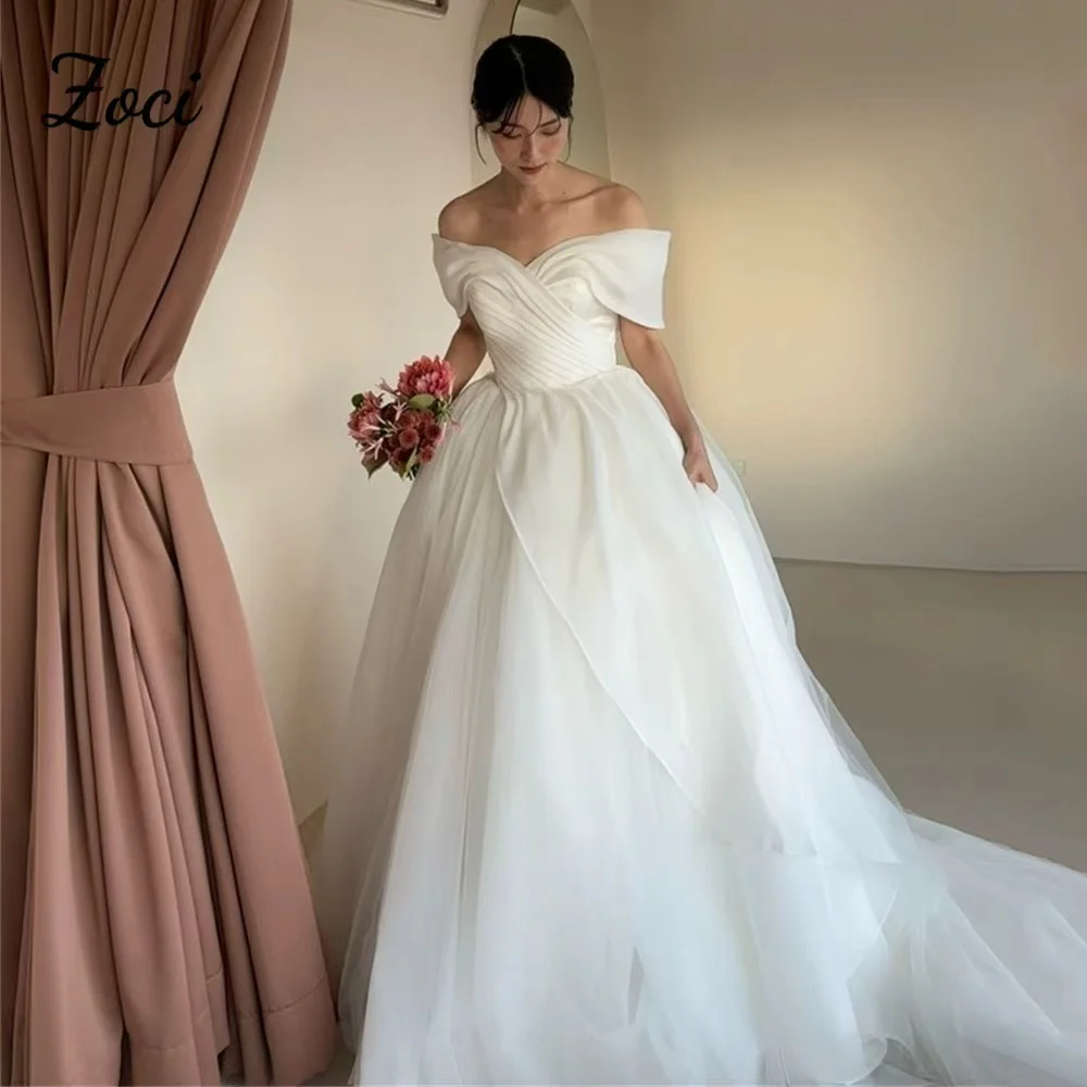 

Zoci Off The Shoulder Organza A Line Customized Korea Wedding Dresses Short Sleeve Evening Gowns Corset Back Photos Shoot Dress