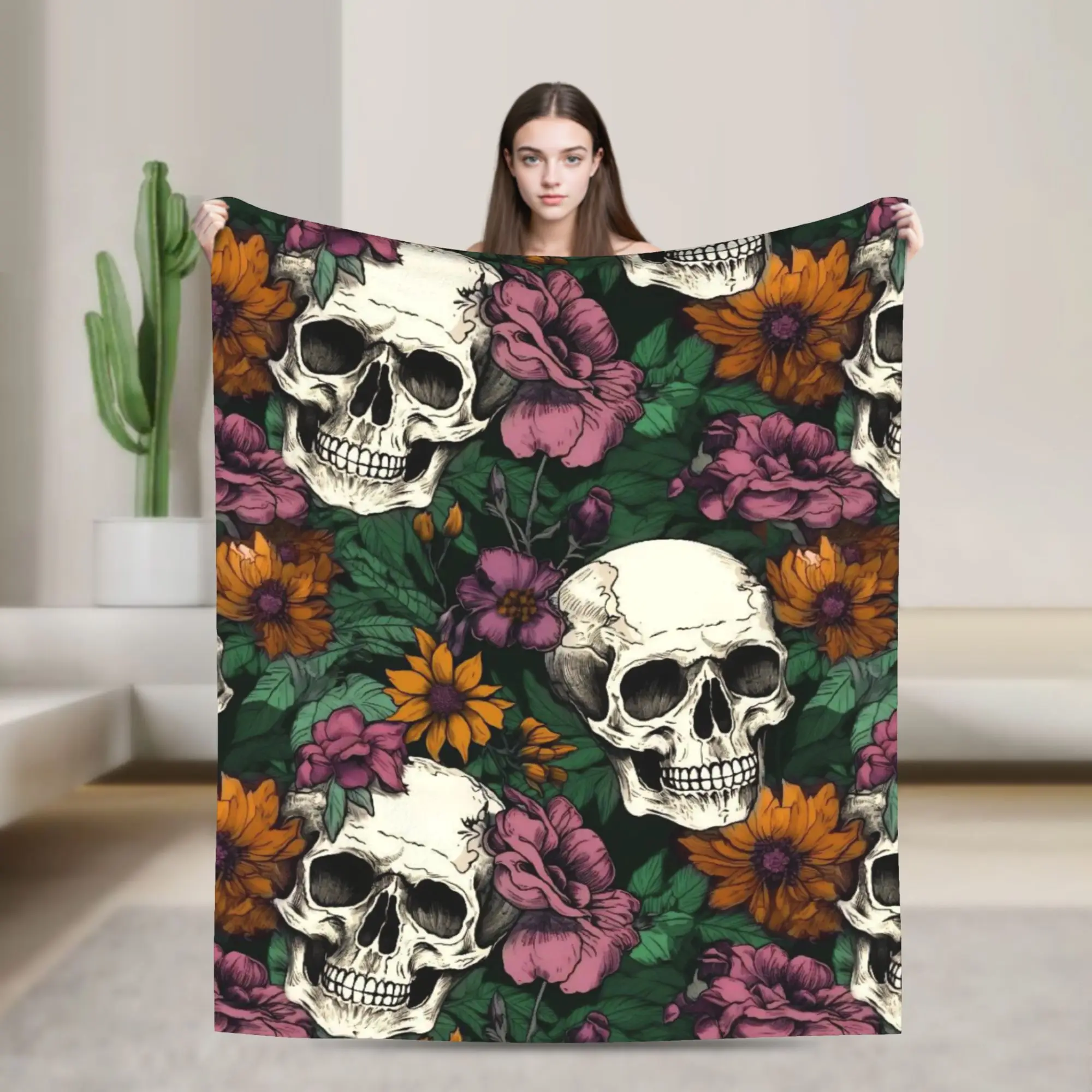 Halloween Skulls And Flowers Gothic Goth Blanket Warm Cozy Fluffy  Throw Blankets for Sofa 50x60 Inch Multi-size Rug Piece