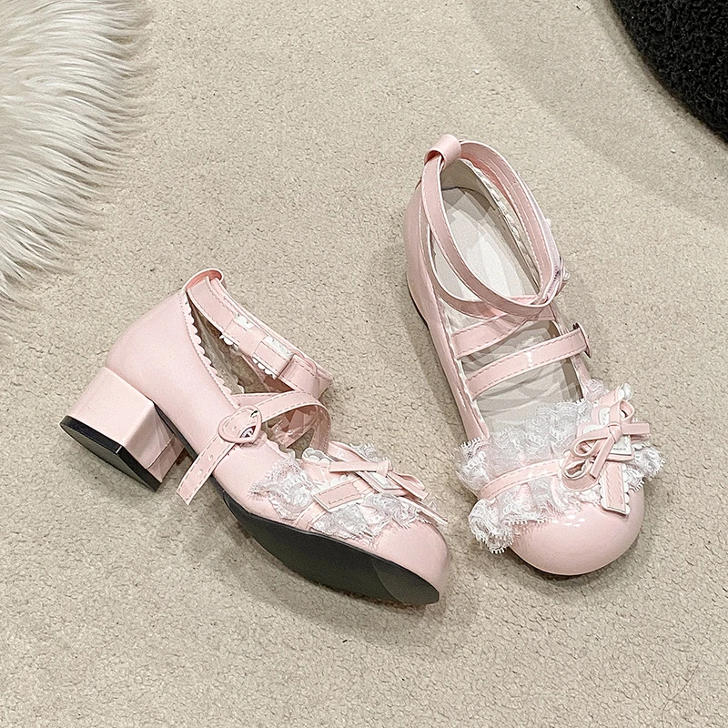 Новые милые женские туфли, новые туфли Мэри Джейн с круглым носком и пряжкой на толстом каблуке, кружевные туфли Мэри Джейн 35–39 с бантиками, юбками и маленькими кожаными туфлями