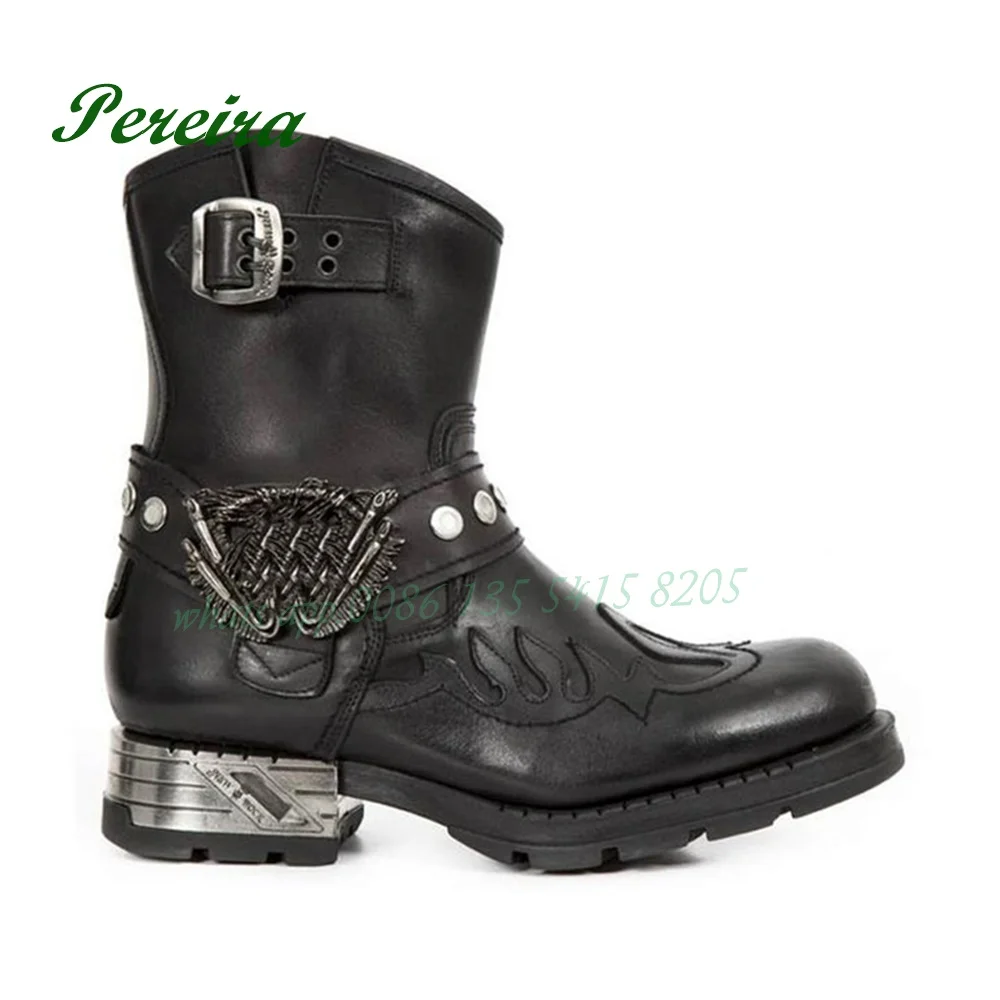 Männer Kurze Stiefel Motorrad Punk Schuhe Runde Kappe Schnalle Mitte Wade Stiefel Winter Casual Chelsea Stiefel Schwarz 2023 Neue straße Stil