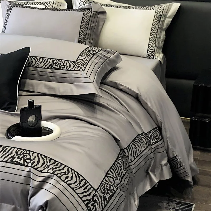 Grey Zebra embroidery Real Patchwork Duvet Cover 1000TC Egyptian Cotton Double Queen King 4Pcs Bedding set Bed Sheet Pillowcases