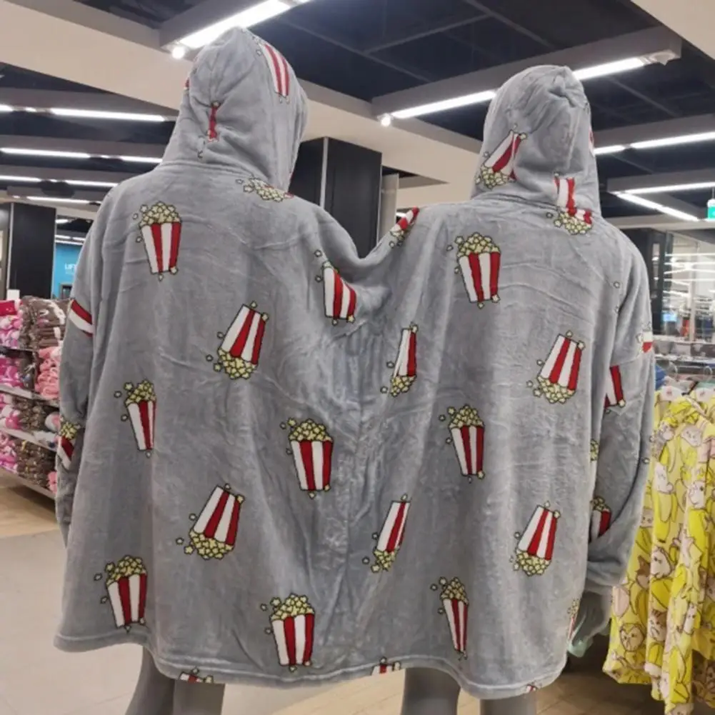 Double Pajamas Cozy Couples Pajamas Set with Hooded Popcorn Print Double Pocket Thick Plush Material Long Sleeve Robe for Two