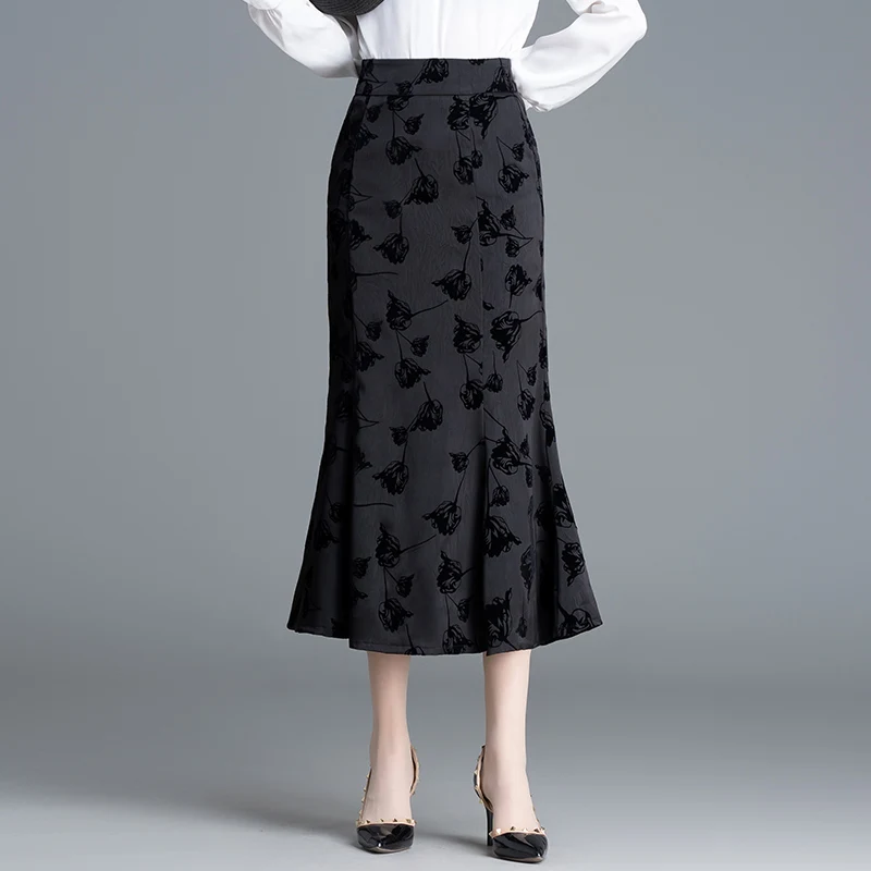 

Юбка миди с высокой талией, цветочной вышивкой и шлейфом, весна 2025, новая, облегающая, из полиэстера, для офиса