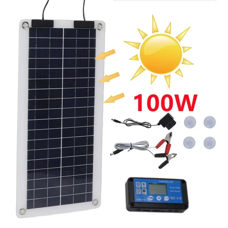 Solar Panel Kit Complete 100W 12V-24V Dual USB Output Solar Cells Poly Solar Board 10A Controller Outdroor Battery Power Charger