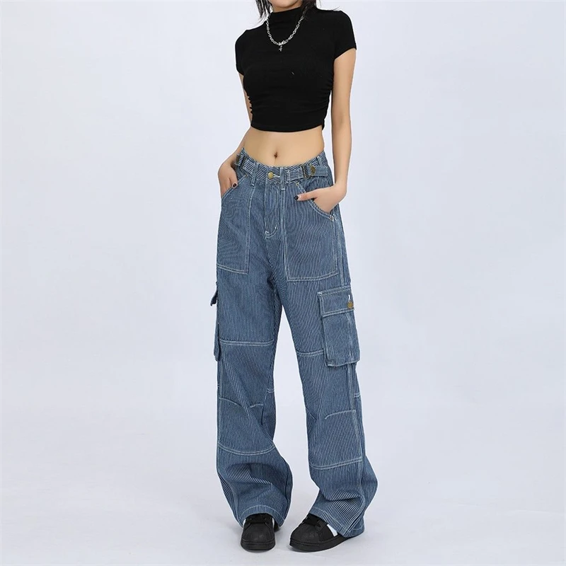

Women's Blue Vertical Stripes Cargo Pants American Street Style Summer Young Girl Bottoms Female Straight High Waisted Trousers