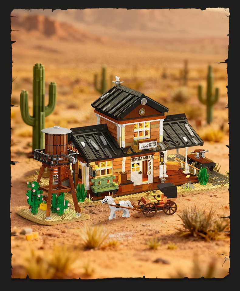 Kreatives Architektur-Modell „Amerikanische Western-Eisenbahn“ aus Bausteinen, Lernspielzeug mit Beleuchtung – Detail 2