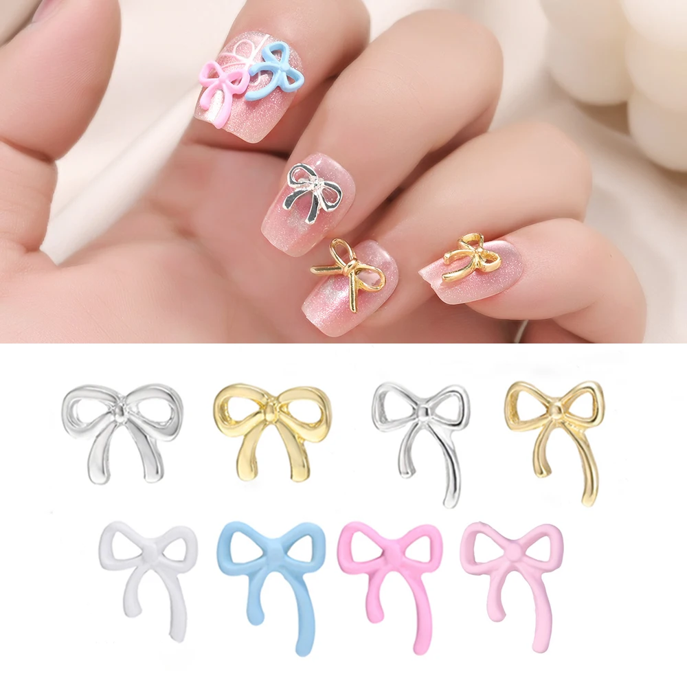 20Pcs Luxury Bow Nail Art Charm 3D Gold Silver Pink Blue Cute Alloy Bow Tie Nail Jewelry Ornament DIY Exquisite Nail Decoration