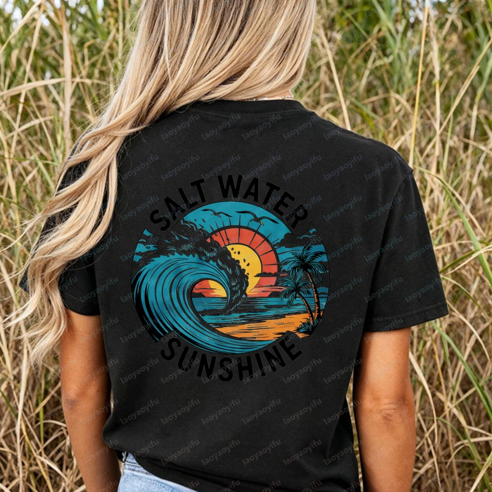 Salt Water Sunshine T-Shirt Women Retro Ocean Wave Palm Tree Graphic Casual Short Sleeve Cotton Top Summer Beach Vacation Shirts