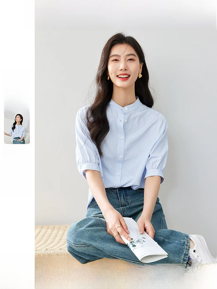 

Slimming Striped Shirt Women's Short Sleeve Stand Collar Summer New Style French Style Loose Fit Button up Top