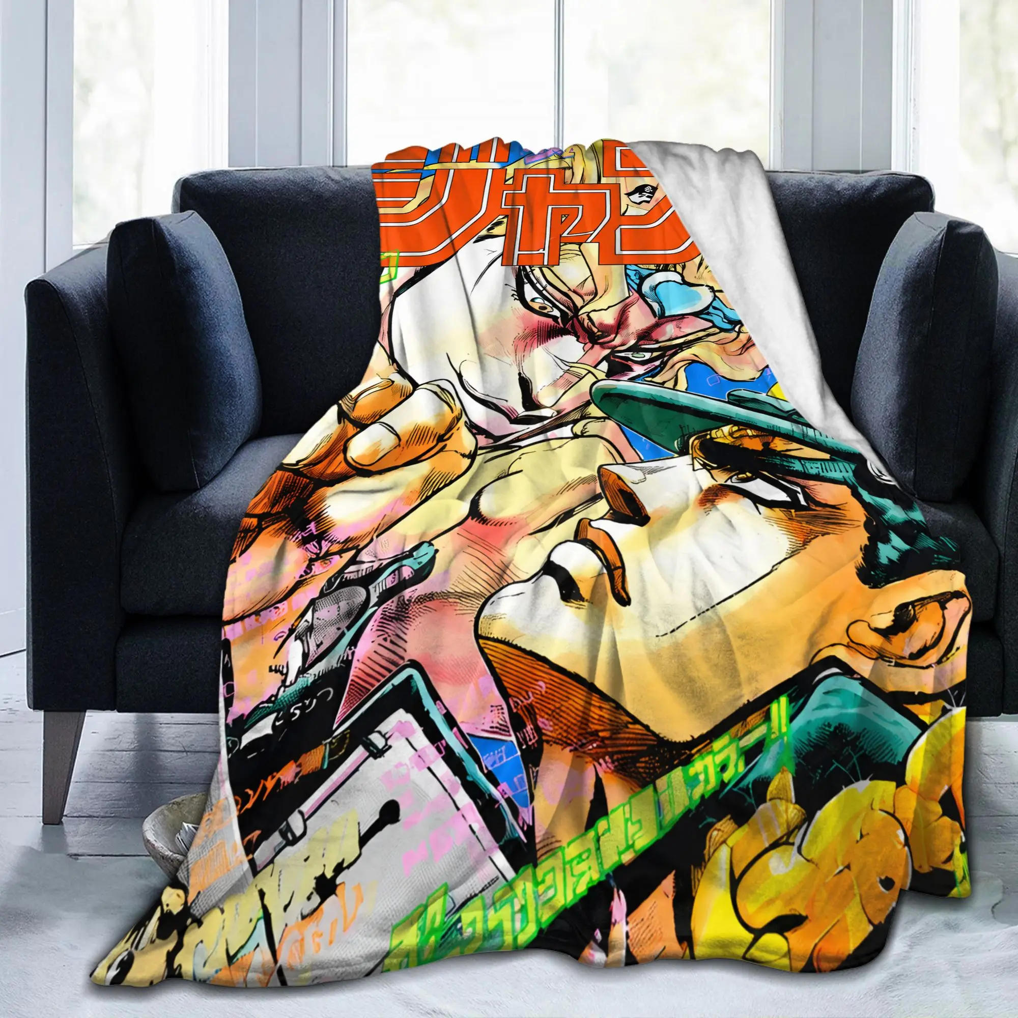 JoJos Bizarres Adventures Knitted Blankets Fleece Japan Anime Lightweight Throw Blankets for Outdoor Travel Bed Rug