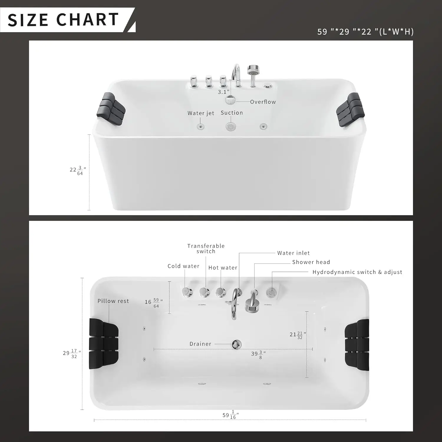 Empava 59-Inch Freestanding Whirlpool Bathtub Rectangular With 8 Hydromassage Adjustable Water Jets Luxury Acrylic Massage Spa