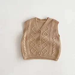 2024 Autumn New Children Knitted Vest Boys Girls Solid Casual Sweater Cardigan Baby Sleeveless Coat Kids Versatile Vest Jacket