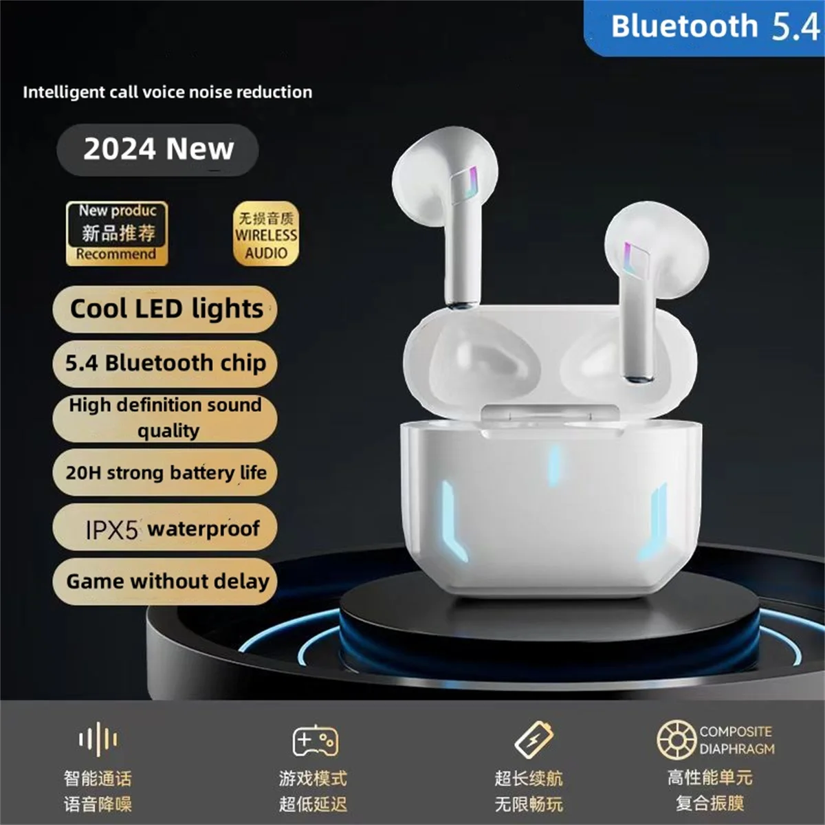 

2024 New Wireless Earbuds 5.4 Bluetooth Headset Charging Earphones Sport Noise Reduction Earbuds Noise Cancelling Game Sport