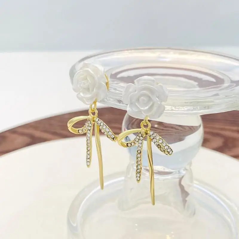 925 Silver Needle Korean Fashion Camellia Flower Earrings For Women Jewelry 2026 Trending New Women\'s Crystal Bow Drop Earrings