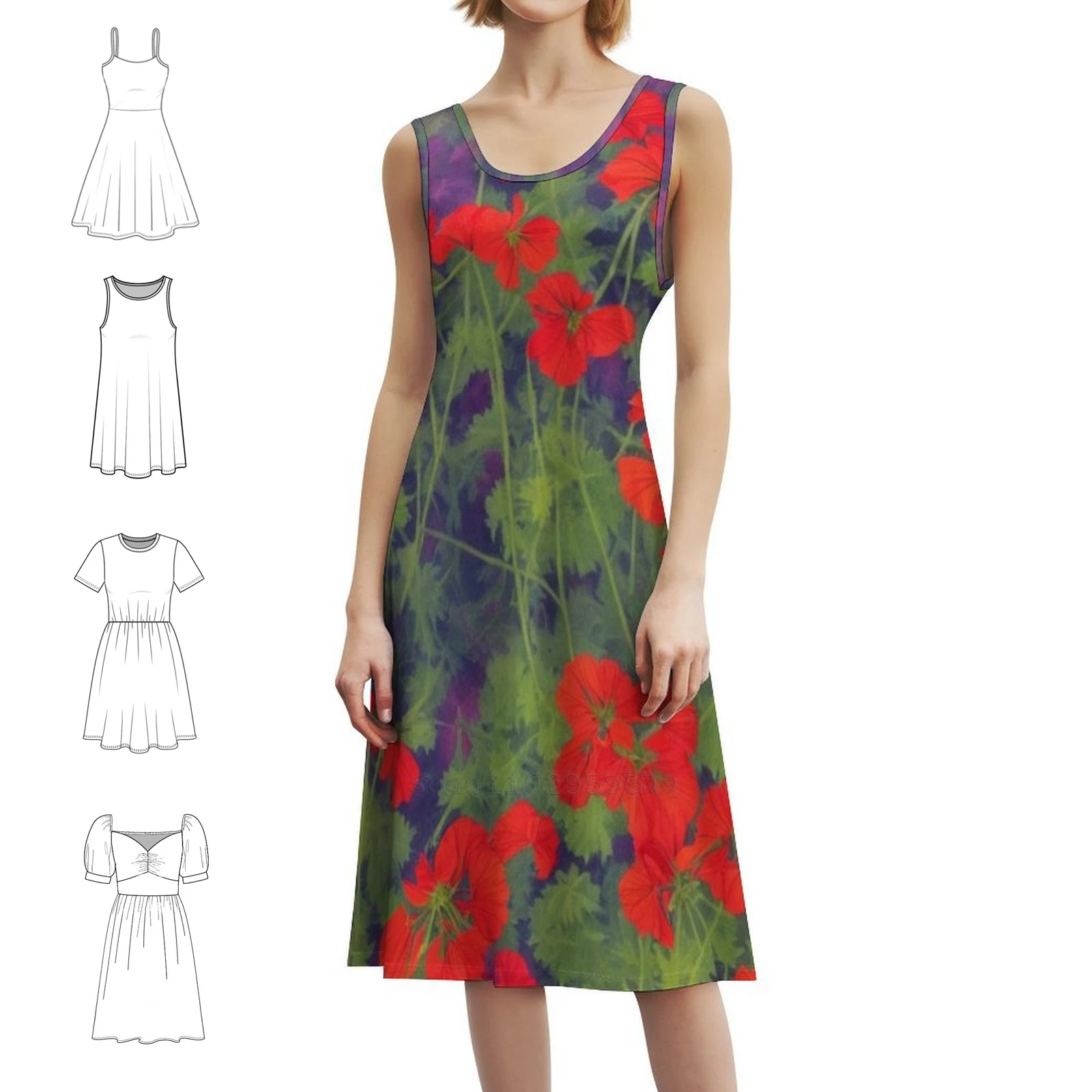 

Красное цветочное платье с зелеными листьями, женское элегантное вечернее платье, платье трапециевидной формы с короткими/длинными/без рукавов, красный цветочный с зеленым цветочным принтом