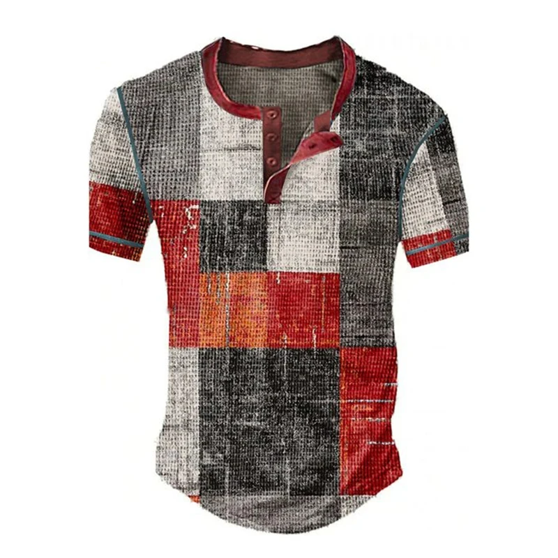 Summer 3D Printed Men\'s T Shirt Waffle Patchwork Textured T Shirt Cool Breathable Short Sleeve Vintage Casual Oversized Top