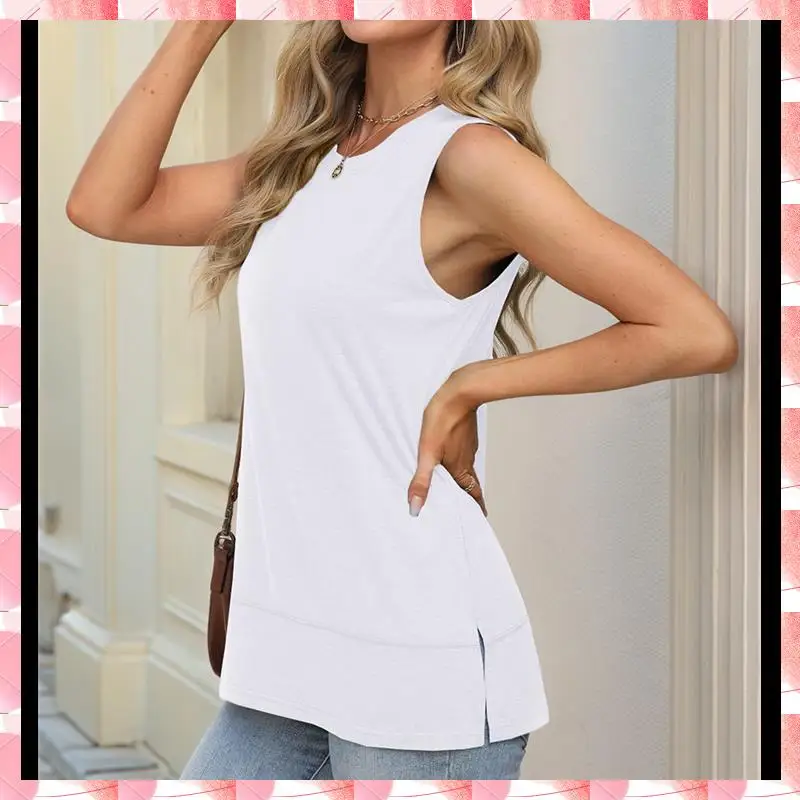Womens Summer Tank Tops Sleeveless Round Neck Casual Side Hem Tops Loose Fit
