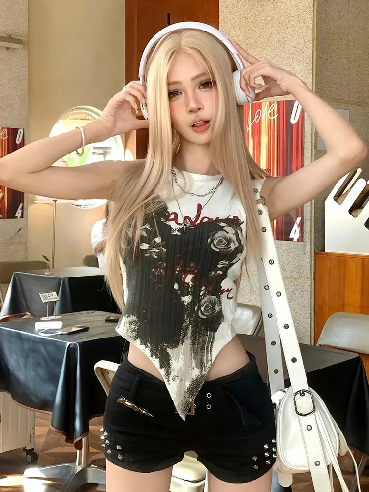 هاي ستريت روز طباعة غير النظامية الدبابات المرأة الصيف بلا أكمام سليم كاميس موضة شيك القوطية Y2K سيدة الدبابات كاميس جديد